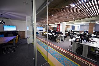 计算机,启动公司的软件开发技术在室内现代办公室中使用双显示器屏幕